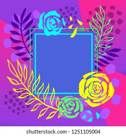 Tropical palm leaves art frames. Modern card design, brush stroke, exotic plants, cover brochure, flyer, invitation template. Party identity colorfil style. Hand drawn vector