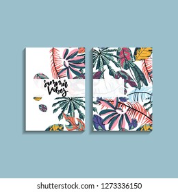 Tropical palm leaves background. Card design with jungle leaves and handwritten lettering quote - summer vibes. Vector illustration in trendy style. 