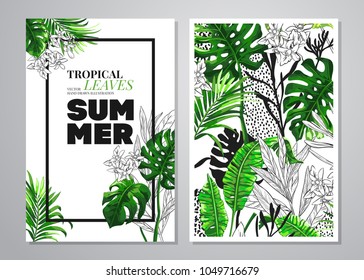 Tropical palm leaves background. Invitation or card design with jungle leaves. Vector illustration in trendy style.