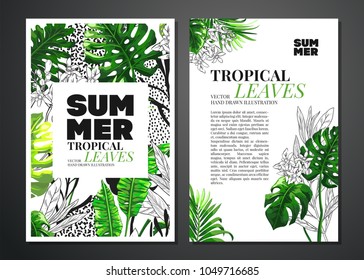 Tropical palm leaves background. Invitation or card design with jungle leaves. Vector illustration in trendy style.