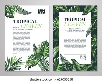 Tropical palm leaves background. Invitation or card design with jungle leaves. Vector illustration in trendy style. 