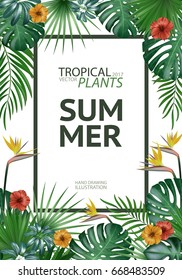 Tropical palm leaves background. Invitation or cover or poster design with jungle leaves and flowers. Vector illustration in trendy style.