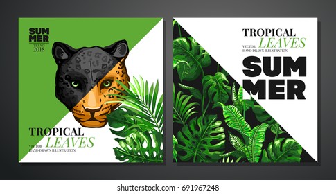 Tropical palm leaves background. Invitation or card design with jungle leaves, jaguar and leopard. Vector illustration in trendy style.