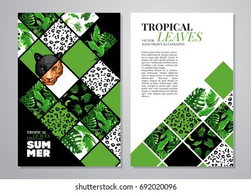 Tropical palm leaves background. Invitation or card design with jungle leaves, jaguar and leopard. Vector illustration in trendy style.