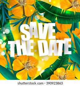  Tropical palm leaves  background  Save the date card