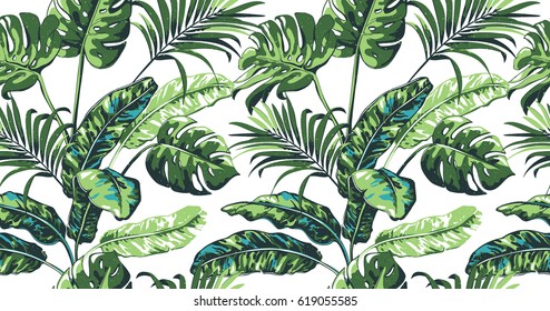 Tropical Palm Leaves Background. Seamless Vector Pattern With Jungle Leave In Trendy Style. 