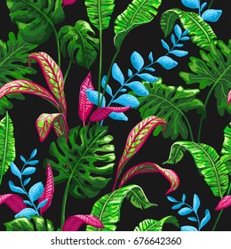 Tropical palm leaves background. Seamless vector pattern with jungle leaves in trendy style.