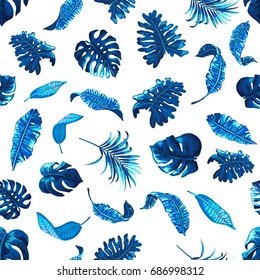 Tropical palm leaves background. Seamless vector pattern with jungle leaves in trendy style.