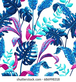 Tropical palm leaves background. Seamless vector pattern with jungle leaves in trendy style.