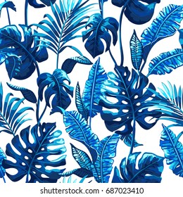 Tropical palm leaves background. Seamless vector pattern with jungle leaves in trendy style.