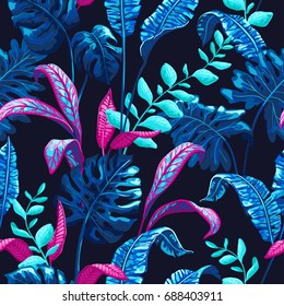 Folhas tropicais de palmeira fundo. Padrão vetorial sem costura com folhas de selva em estilo moderno.