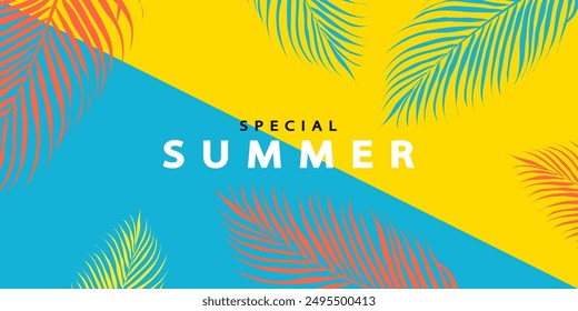 Tropical palm leaves background. Summer holiday banner. Creative Sale banner in trendy bright colors. Minimal summer creative flat design. Season promotion. beach vibes decoration background. Vector