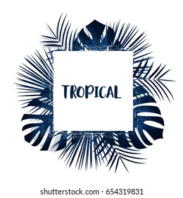 Tropical palm leaves background. Vector exotic card template with tropical leaves.