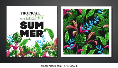 Tropical palm leaves background. Vector illustration in trendy style.  Invitation or card design with jungle leaves.