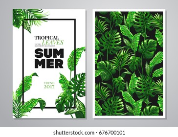Tropische palmbladeren achtergrond. Vectorillustratie in trendy stijl. Uitnodiging of kaart ontwerp met jungle bladeren.