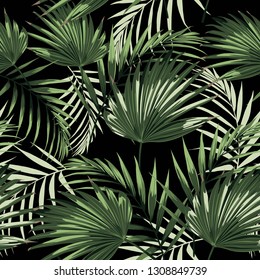 Tropical palm leaves, black background. Seamless pattern. Jungle foliage illustration. Exotic plants. Summer beach floral design. Paradise nature.