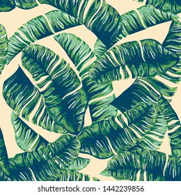 Tropical palm leaves, branches. Seamless pattern.  Greeting card, invitation for summer beach party, flyer. Vector illustration.