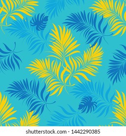 Tropical palm leaves, branches. Seamless pattern.  Greeting card, invitation for summer beach party, flyer. Vector illustration.