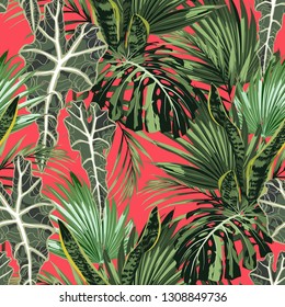 Tropical palm leaves, bright background. Seamless pattern. Jungle foliage illustration. Exotic plants. Summer beach floral design. Paradise nature.