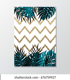 Tropical palm leaves card design on gold glitter chevron background. 