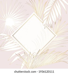 Tropical palm leaves card template on pink background. Elegant decorative floral frame. Good for sales, design of postcards, packaging, covers, cases and other surfaces.
