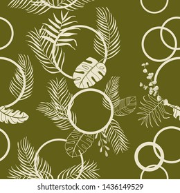 tropical palm leaves and circles seamless floral pattern hand drawn leaves