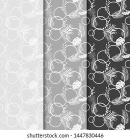 tropical palm leaves and circles seamless floral pattern hand drawn leaves grey and black