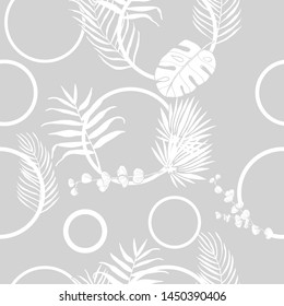 tropical palm leaves and circles seamless floral pattern hand drawn leaves, grey and white