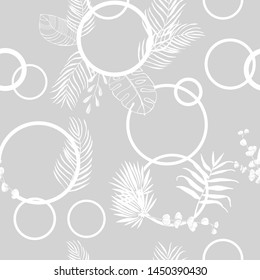 tropical palm leaves and circles seamless floral pattern hand drawn leaves, grey and white