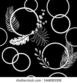 tropical palm leaves and circles seamless floral pattern hand drawn leaves black and white
