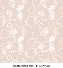 tropical palm leaves and circles seamless floral pattern hand drawn leaves