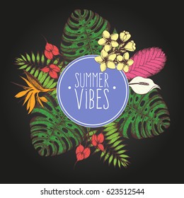 Tropical palm leaves design template. Vector illustration leaves and flowers of palm. Wedding invitation vintage card. Botanical vector illustration.Circle concept. Colorful palm leaves and flowers.