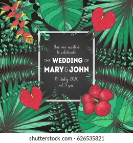 Tropical palm leaves design template. Vector illustration leaves of palm and flowers frame. Wedding invitation vintage card. Botanical set vector illustration