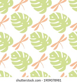 Tropical palm leaves and dragonflies, jungle, seamless pattern leaves background vector tropical palm beach. Contemporary exotic designs for paper, cover, fabric, textiles, interiors, and more.