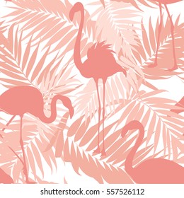 Tropical palm leaves and exotic flamingo birds seamless pattern. Pink sunset beach concept. Overlapping objects repeat ornament texture. Vector design illustration.