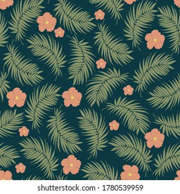 Tropical palm leaves and exotic flower pattern