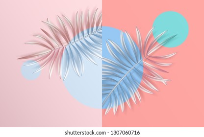 Tropical palm leaves Exotic hawaiian jungle, summertime background. Summer fresh tropical leaf. Pastel art colorful minimal style, Paper cut