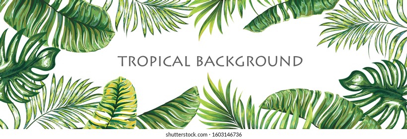 Tropical palm leaves. Fashionable greeting or invitation card, flyer, design template with southern plants. Palm card