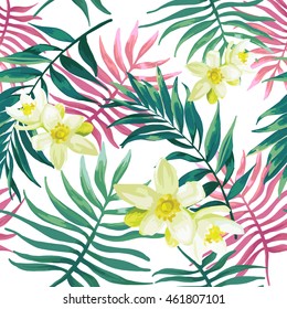 Tropical palm leaves, fern, jungle leaves and white flowers. Seamless pattern. 