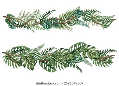 Tropical palm leaves, fern, plants, liana botanical composition. Exotic jungle floral illustration.