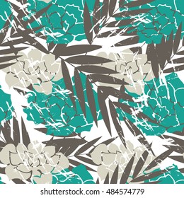 Tropical palm leaves and field flowers pattern. Branches and leaves of tropical plants and flowers. Vector illustration.