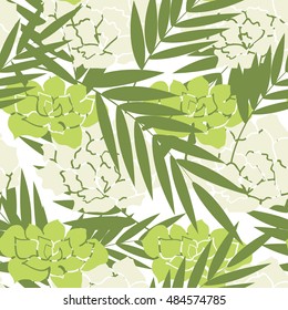 Tropical palm leaves and field flowers pattern. Branches and leaves of tropical plants and flowers. Vector illustration.