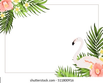 Tropical palm leaves, flamingo bird, camellia plumeria flowers. Horizontal rectangular border frame template. Vector design illustration corner element for card, invitation, wedding, decoration.