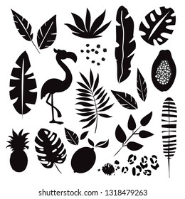 Tropical palm leaves and flamingo silhouette on a white background