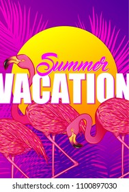 Tropical palm leaves and flamingo summer vacation banner, graphic background, exotic floral invitation, card or poster. Modern print in ultraviolet colors.