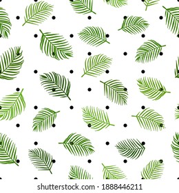 Tropical palm leaves flat vector illustration, green silhouette, over small  black polka dot and white background, seamless pattern.