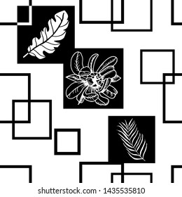 tropical palm leaves, flower and square seamless floral pattern hand drawn leaves