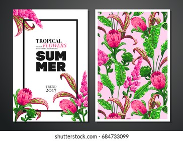 Tropical palm leaves and flowers background. Invitation or card design with jungle leaves and exotic flowers. Vector illustration in trendy style.