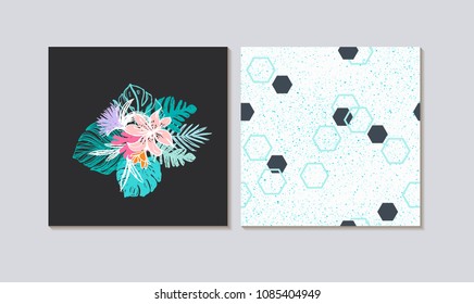 Tropical Palm Leaves and Flowers Card Set with Abstract Geometric Elements in Vector
