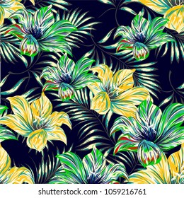 Tropical palm leaves, flowers and jungle . Vector floral pattern background.